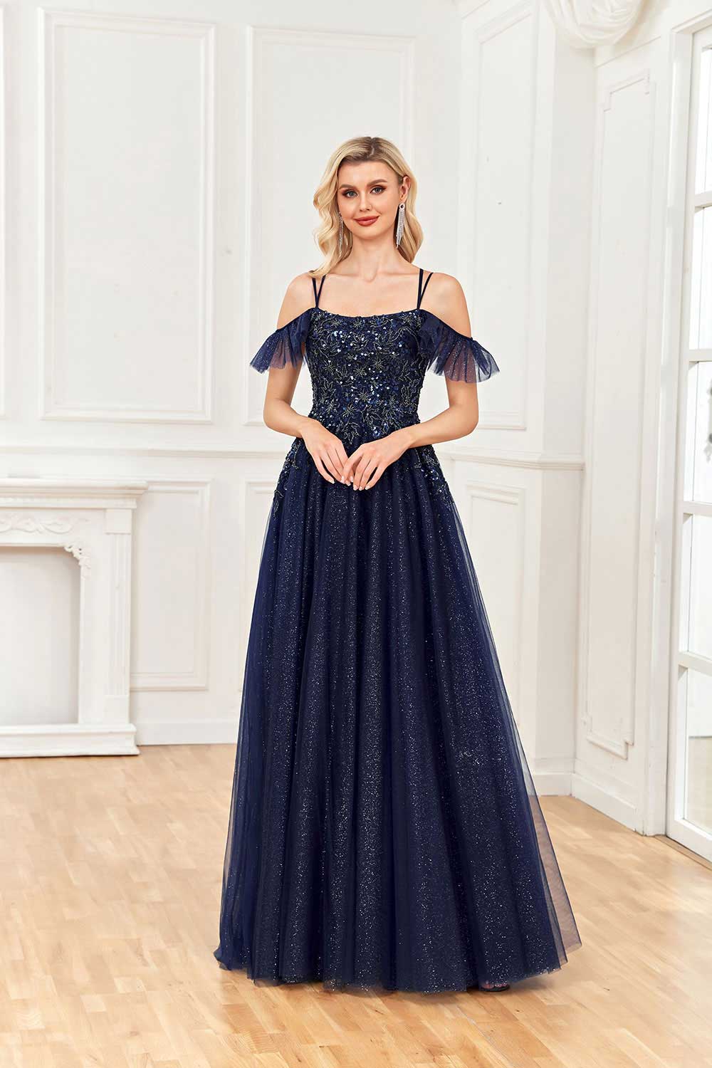Wholesale Sparkle A Line Off Shoulder Tulle Appliques Beaded Ruffles Prom Dresses
